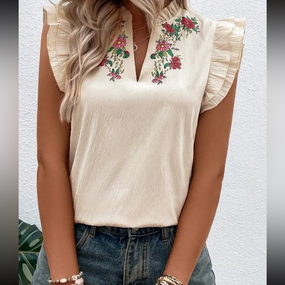 Boho floral print notched neck butterfly sleeve blouse - Picture 2 of 6